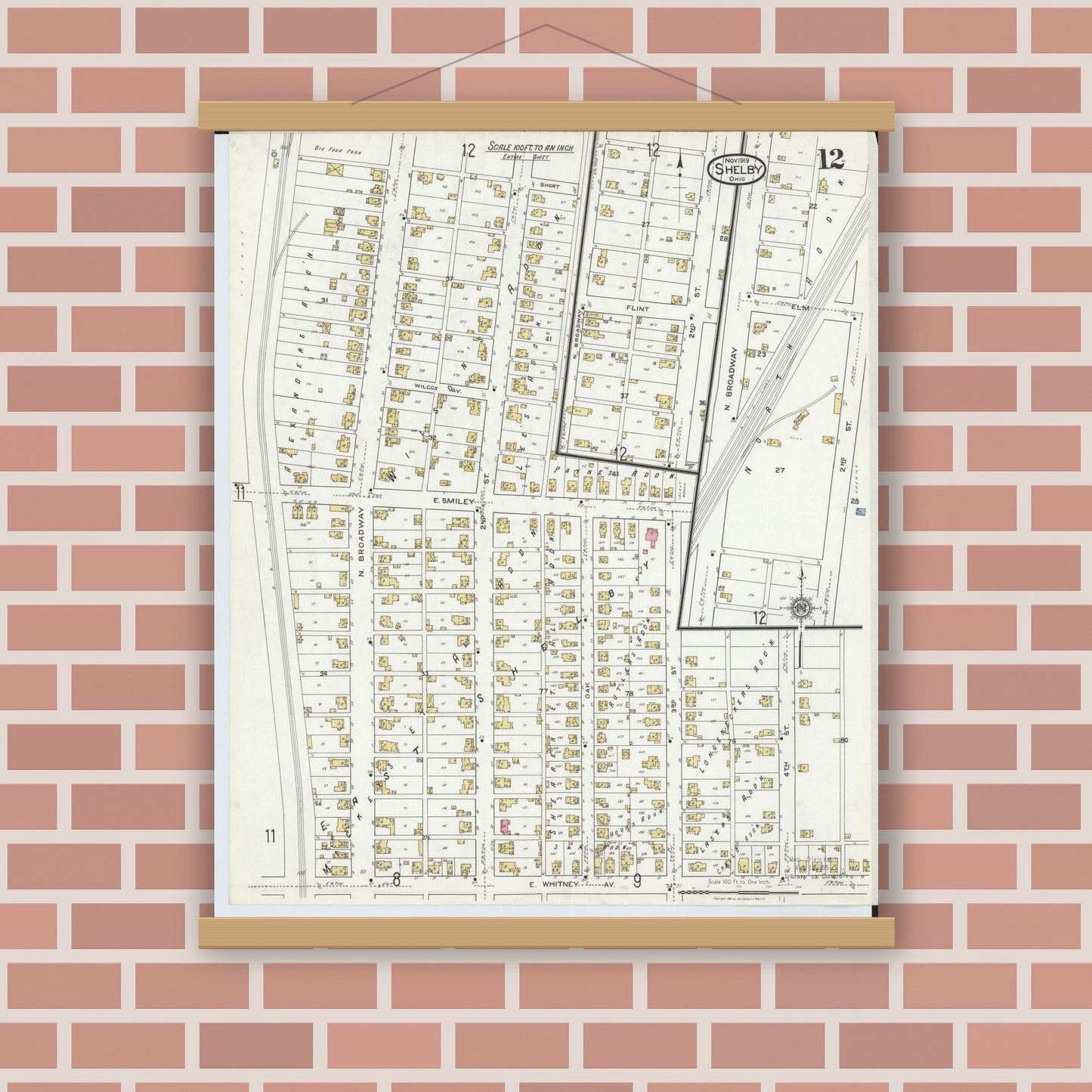 Old map wall art mockup — magnetic wood frame on brick wall — Sanborn Fire Insurance Map from Shelby, Richland County, Ohio (1919), Sheet #0012
