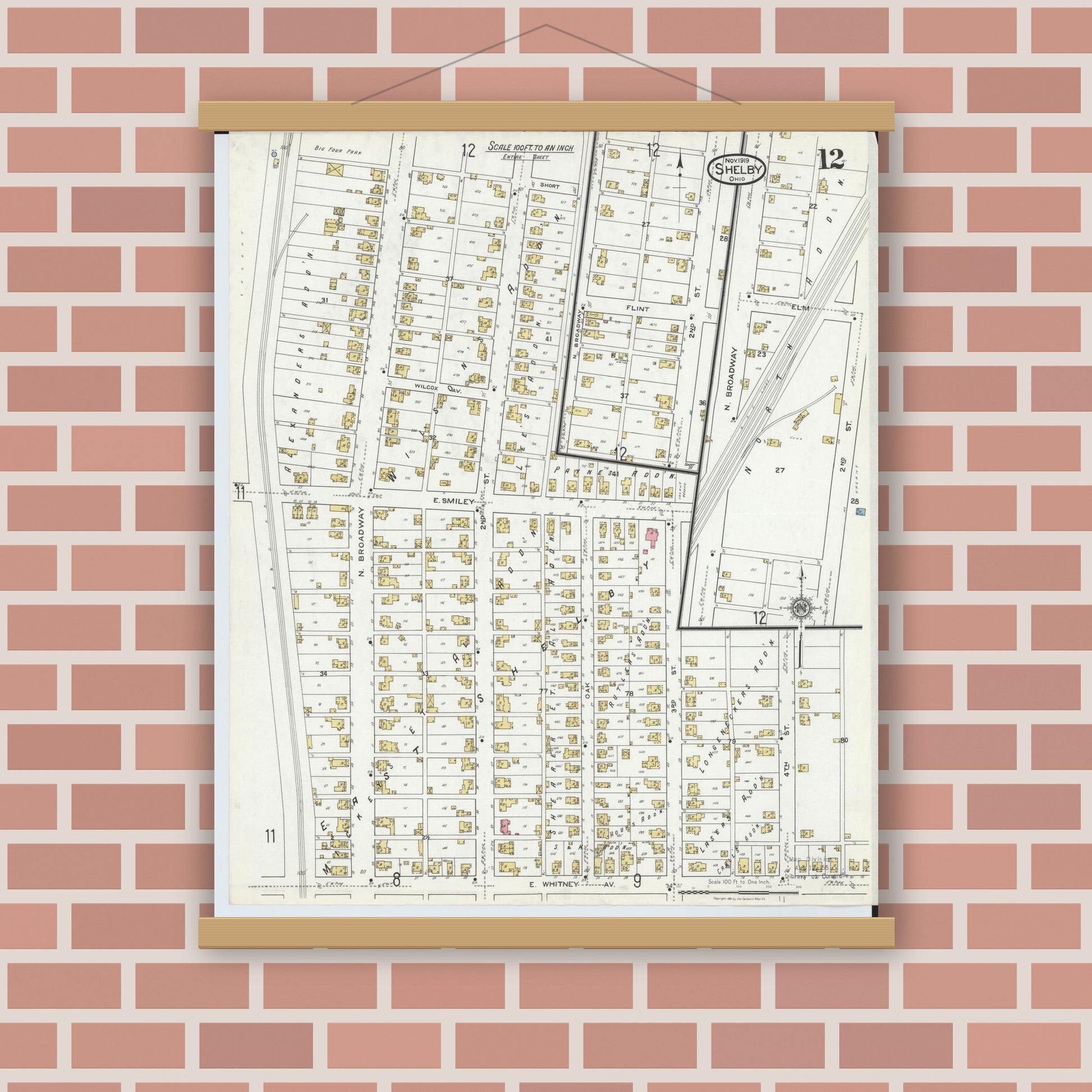 Old map wall art mockup — magnetic wood frame on brick wall — Sanborn Fire Insurance Map from Shelby, Richland County, Ohio (1919), Sheet #0012