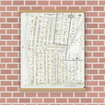 Old map wall art mockup — magnetic wood frame on brick wall — Sanborn Fire Insurance Map from Shelby, Richland County, Ohio (1919), Sheet #0012