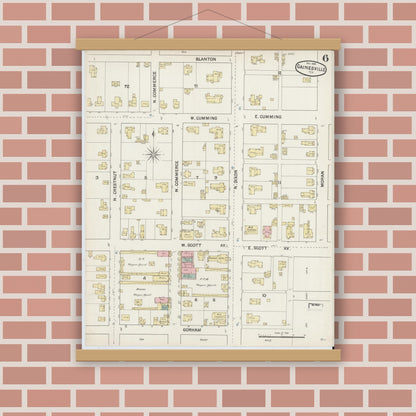 Old map wall art mockup — magnetic wood frame on brick wall — Sanborn Fire Insurance Map from Gainesville, Cooke County, Texas (1888), Sheet #0006