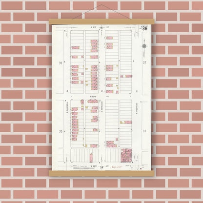 Old map wall art mockup — magnetic wood frame on brick wall — Sanborn Fire Insurance Map from Chicago, Cook County, Illinois (1920), Sheet #0036