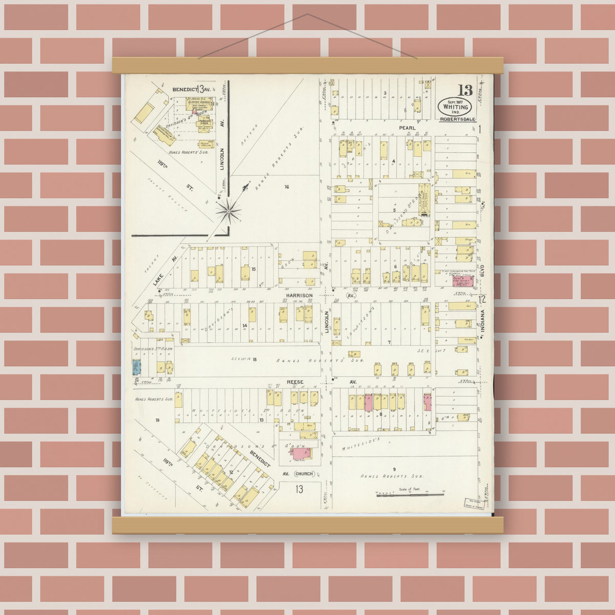 Old map wall art mockup — magnetic wood frame on brick wall — Sanborn Fire Insurance Map from Whiting, Lake County, Indiana (1907), Sheet #0013