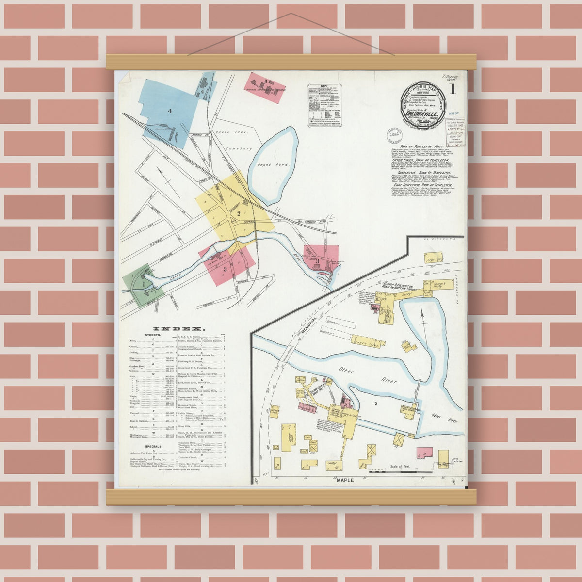 Old map wall art mockup — magnetic wood frame on brick wall — Sanborn Fire Insurance Map from Baldwinville, Worcester County, Massachusetts (1900) - Complete Map Set