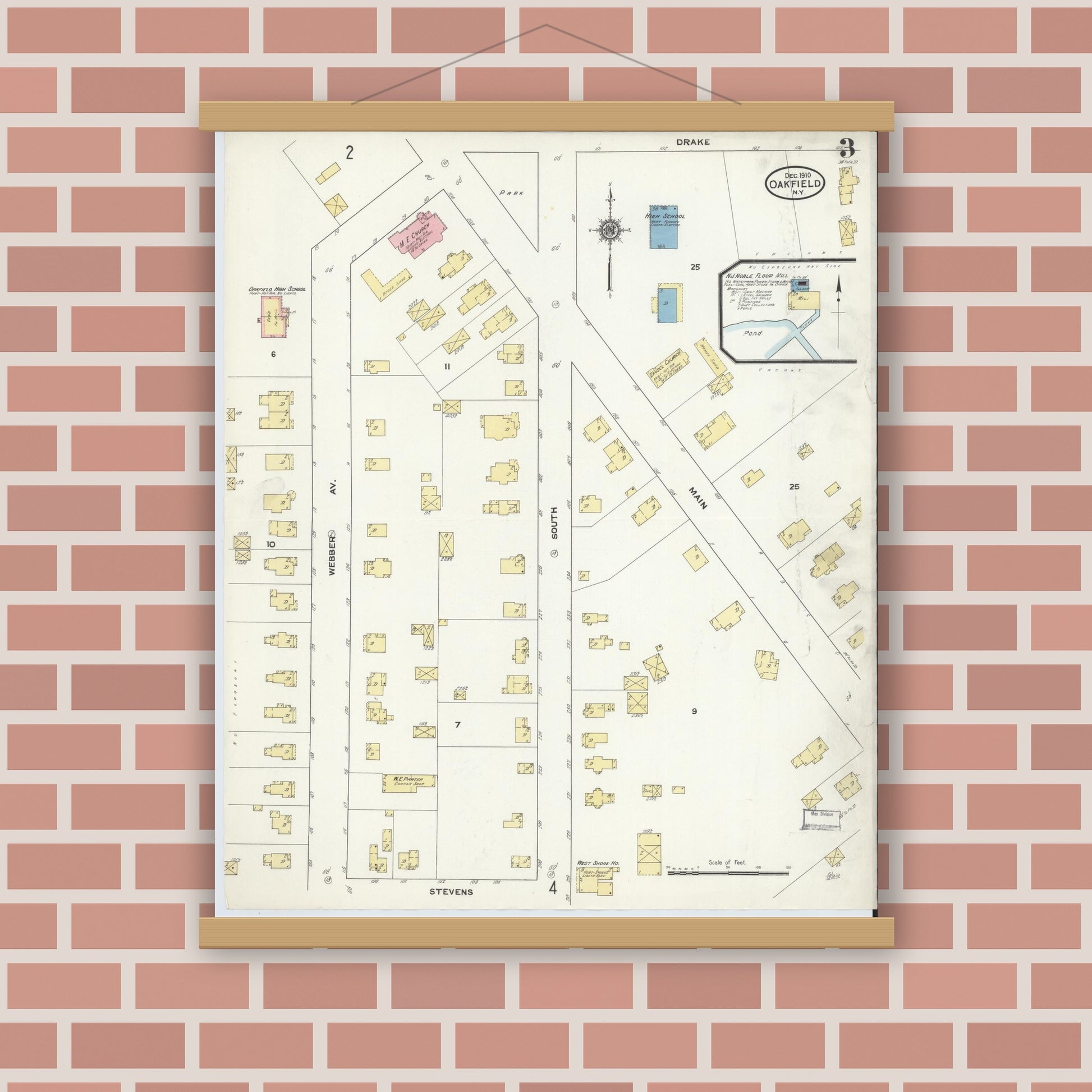 Old map wall art mockup — magnetic wood frame on brick wall — Sanborn Fire Insurance Map from Oakfield, Genesee County, New York (1910), Sheet #0003