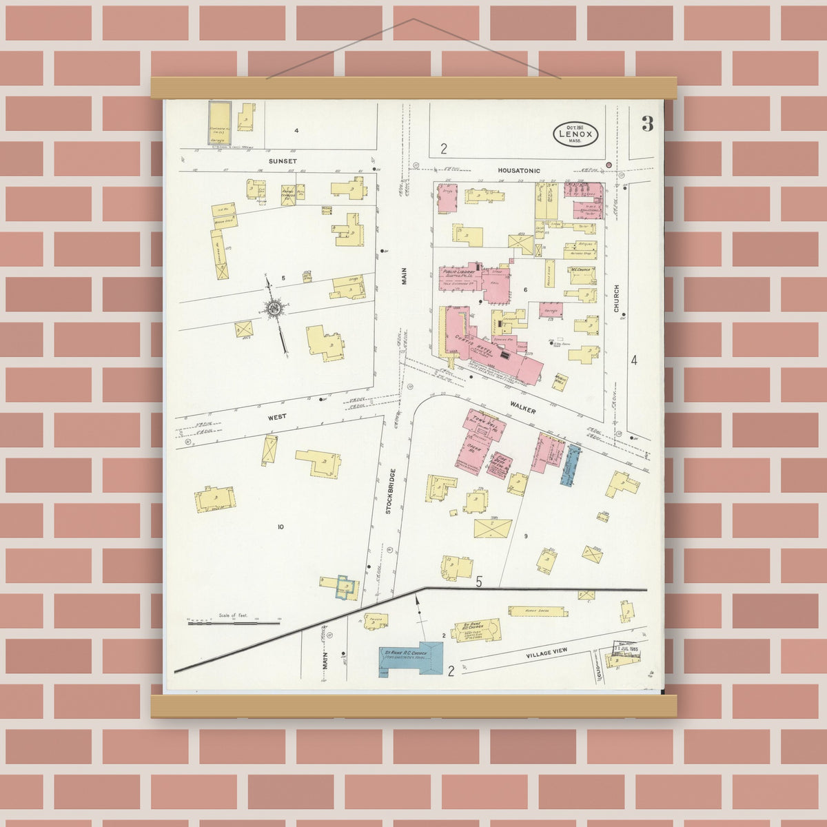 Old map wall art mockup — magnetic wood frame on brick wall — Sanborn Fire Insurance Map from Lenox, Berkshire County, Massachusetts (1911), Sheet #0003