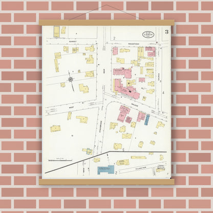 Old map wall art mockup — magnetic wood frame on brick wall — Sanborn Fire Insurance Map from Lenox, Berkshire County, Massachusetts (1911), Sheet #0003