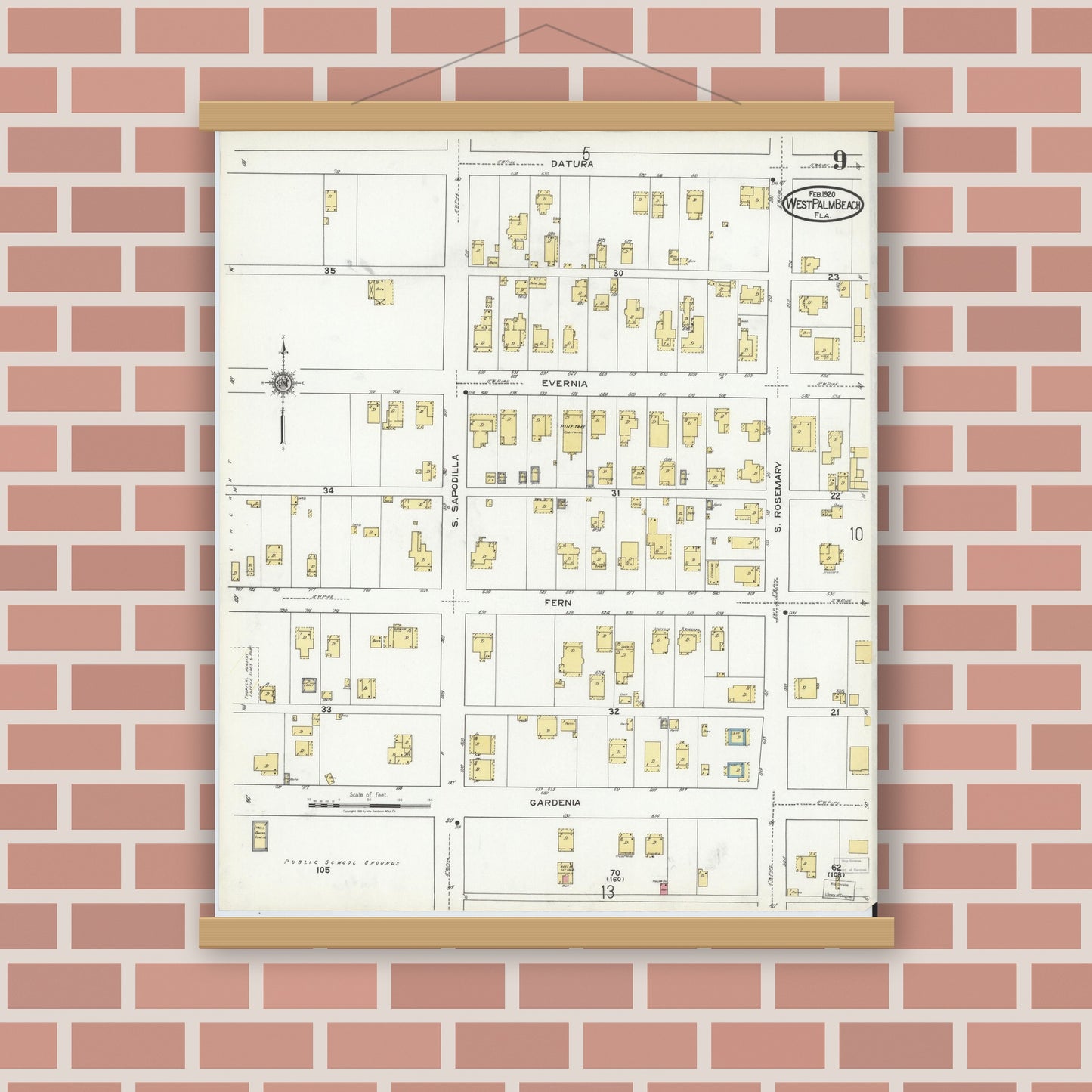Old map wall art mockup — magnetic wood frame on brick wall — Sanborn Fire Insurance Map from West Palm Beach, Dade County, Florida (1920), Sheet #0009