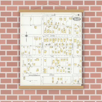 Old map wall art mockup — magnetic wood frame on brick wall — Sanborn Fire Insurance Map from West Palm Beach, Dade County, Florida (1920), Sheet #0009