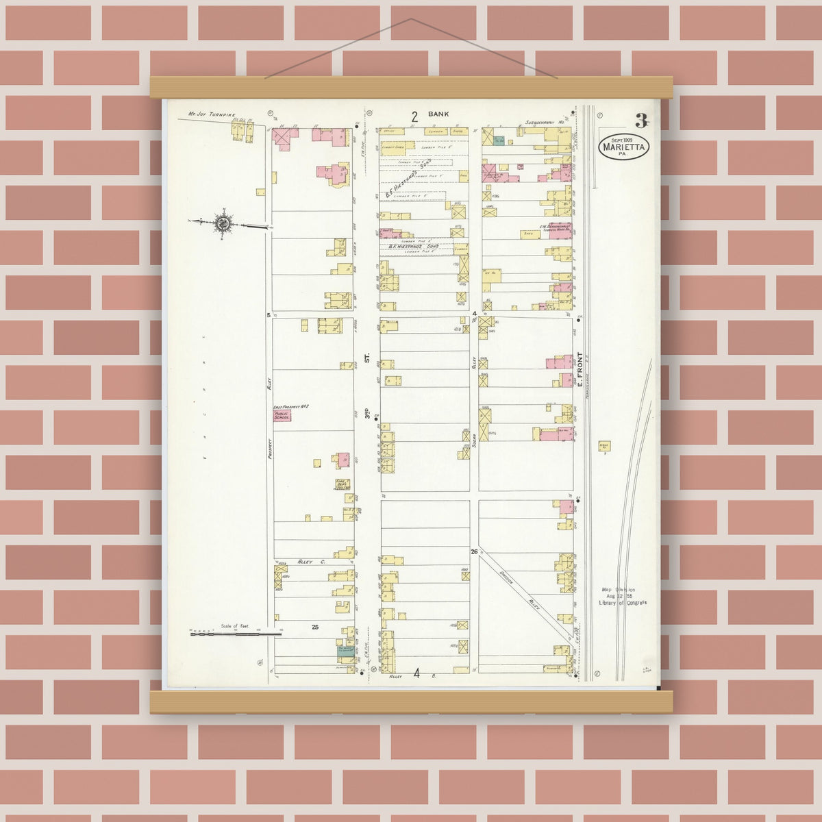 Old map wall art mockup — magnetic wood frame on brick wall — Sanborn Fire Insurance Map from Marietta, Lancaster County, Pennsylvania (1909), Sheet #0003