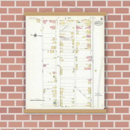 Old map wall art mockup — magnetic wood frame on brick wall — Sanborn Fire Insurance Map from Marietta, Lancaster County, Pennsylvania (1909), Sheet #0003