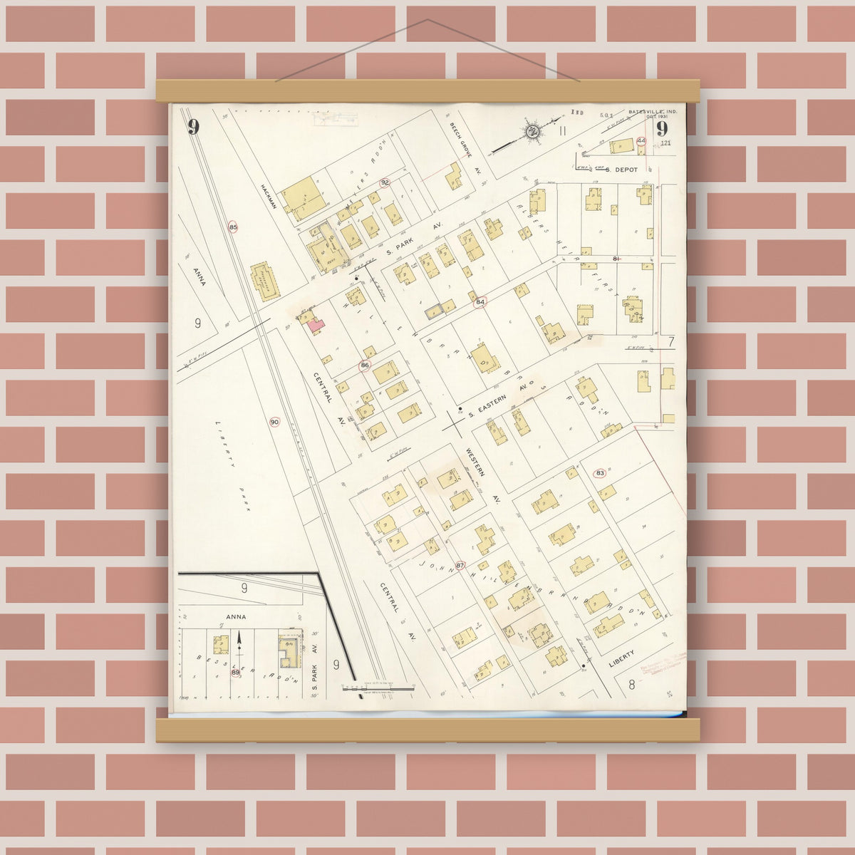 Old map wall art mockup — magnetic wood frame on brick wall — Sanborn Fire Insurance Map from Batesville, Ripley County, Indiana (1948), Sheet #0009