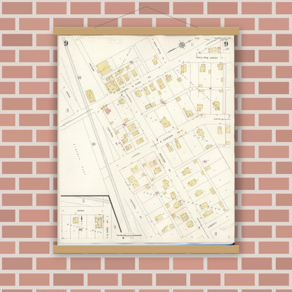 Old map wall art mockup — magnetic wood frame on brick wall — Sanborn Fire Insurance Map from Batesville, Ripley County, Indiana (1948), Sheet #0009