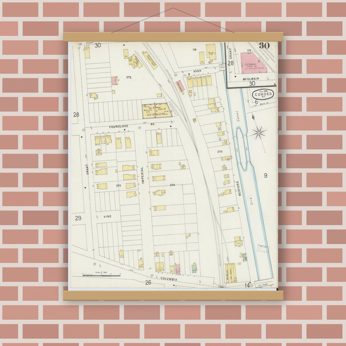 Old map wall art mockup — magnetic wood frame on brick wall — Sanborn Fire Insurance Map from Cohoes, Albany County, New York (1896), Sheet #0030