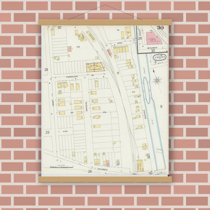 Old map wall art mockup — magnetic wood frame on brick wall — Sanborn Fire Insurance Map from Cohoes, Albany County, New York (1896), Sheet #0030