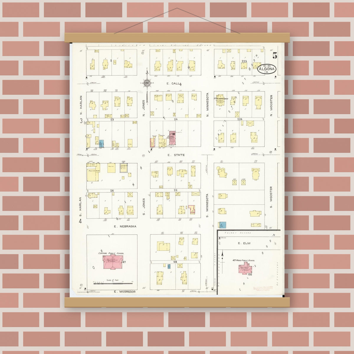 Old map wall art mockup — magnetic wood frame on brick wall — Sanborn Fire Insurance Map from Algona, Kossuth County, Iowa (1913), Sheet #0005