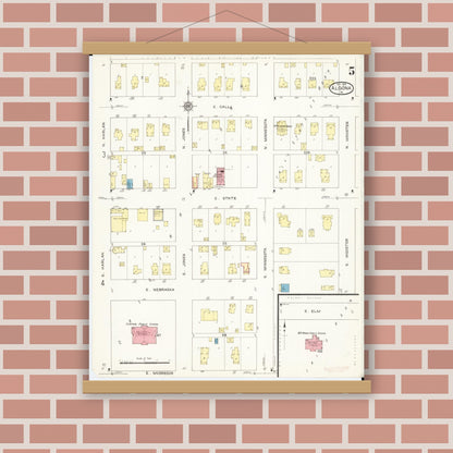 Old map wall art mockup — magnetic wood frame on brick wall — Sanborn Fire Insurance Map from Algona, Kossuth County, Iowa (1913), Sheet #0005