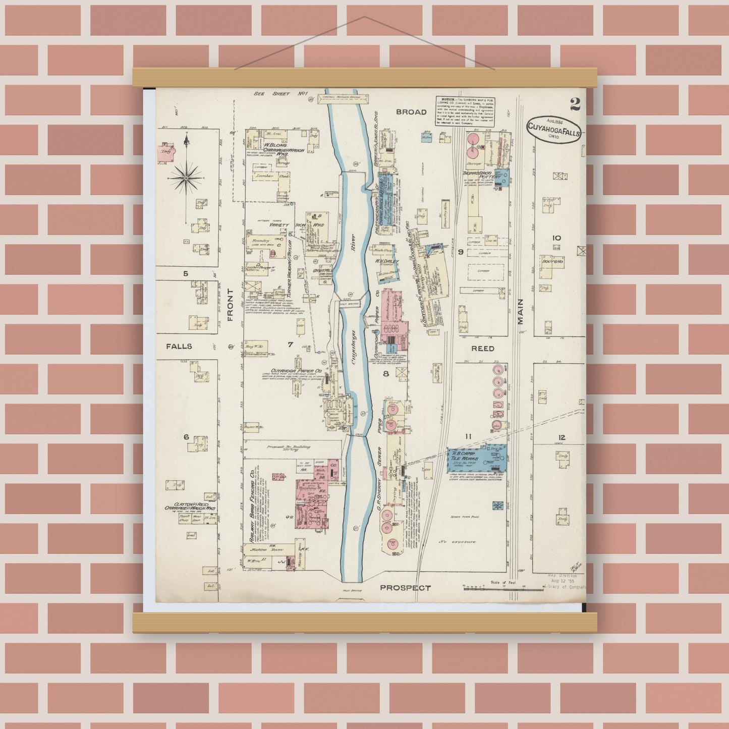 Old map wall art mockup — magnetic wood frame on brick wall — Sanborn Fire Insurance Map from Cuyahoga Falls, Summit County, Ohio (1884), Sheet #0002
