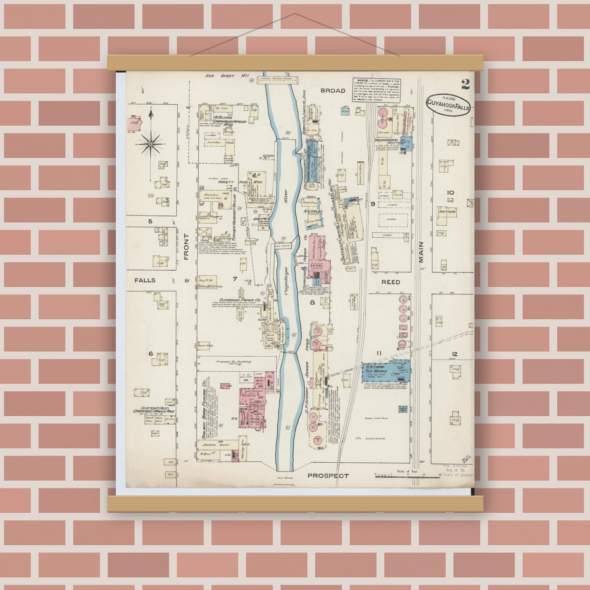Old map wall art mockup — magnetic wood frame on brick wall — Sanborn Fire Insurance Map from Cuyahoga Falls, Summit County, Ohio (1884), Sheet #0002