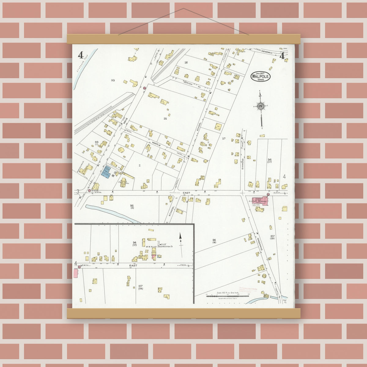 Old map wall art mockup — magnetic wood frame on brick wall — Sanborn Fire Insurance Map from Walpole, Norfolk County, Massachusetts (1927), Sheet #0004