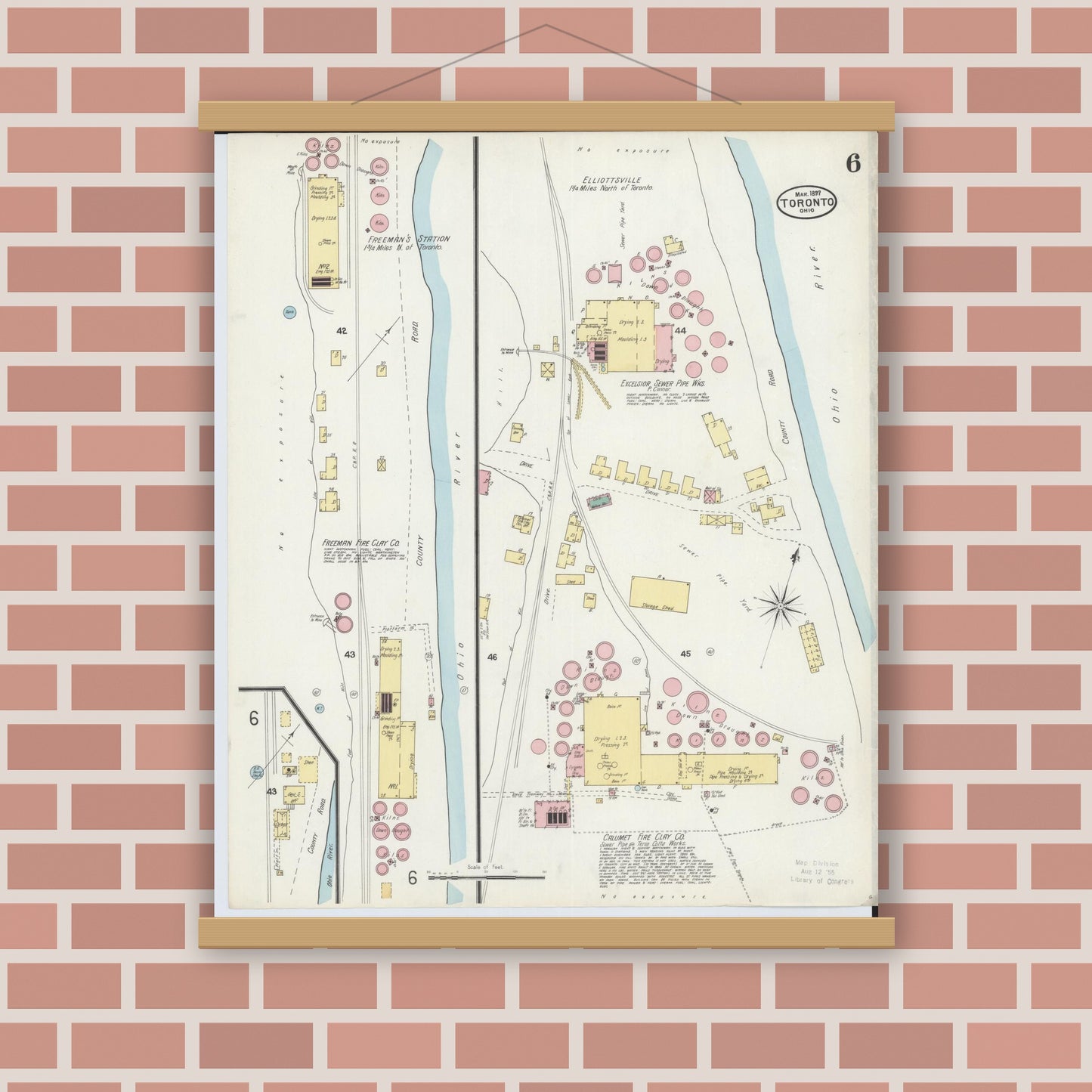 Old map wall art mockup — magnetic wood frame on brick wall — Sanborn Fire Insurance Map from Toronto, Jefferson County, Ohio (1897), Sheet #0006