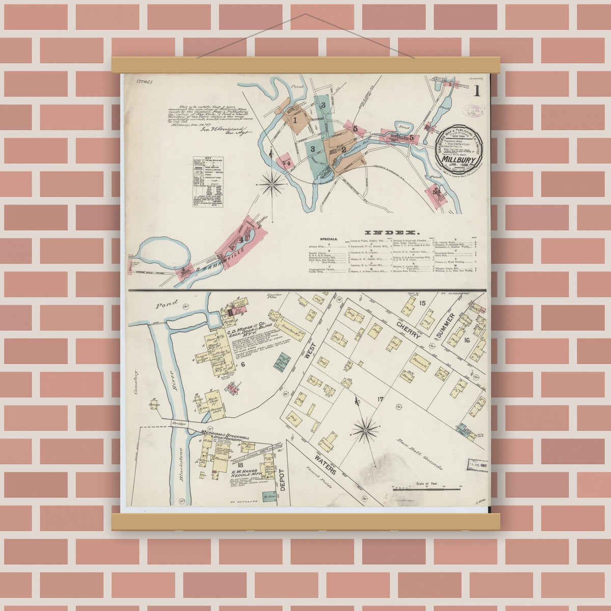 Old map wall art mockup — magnetic wood frame on brick wall — Sanborn Fire Insurance Map from Millbury, Worcester County, Massachusetts (1888) - Complete Map Set