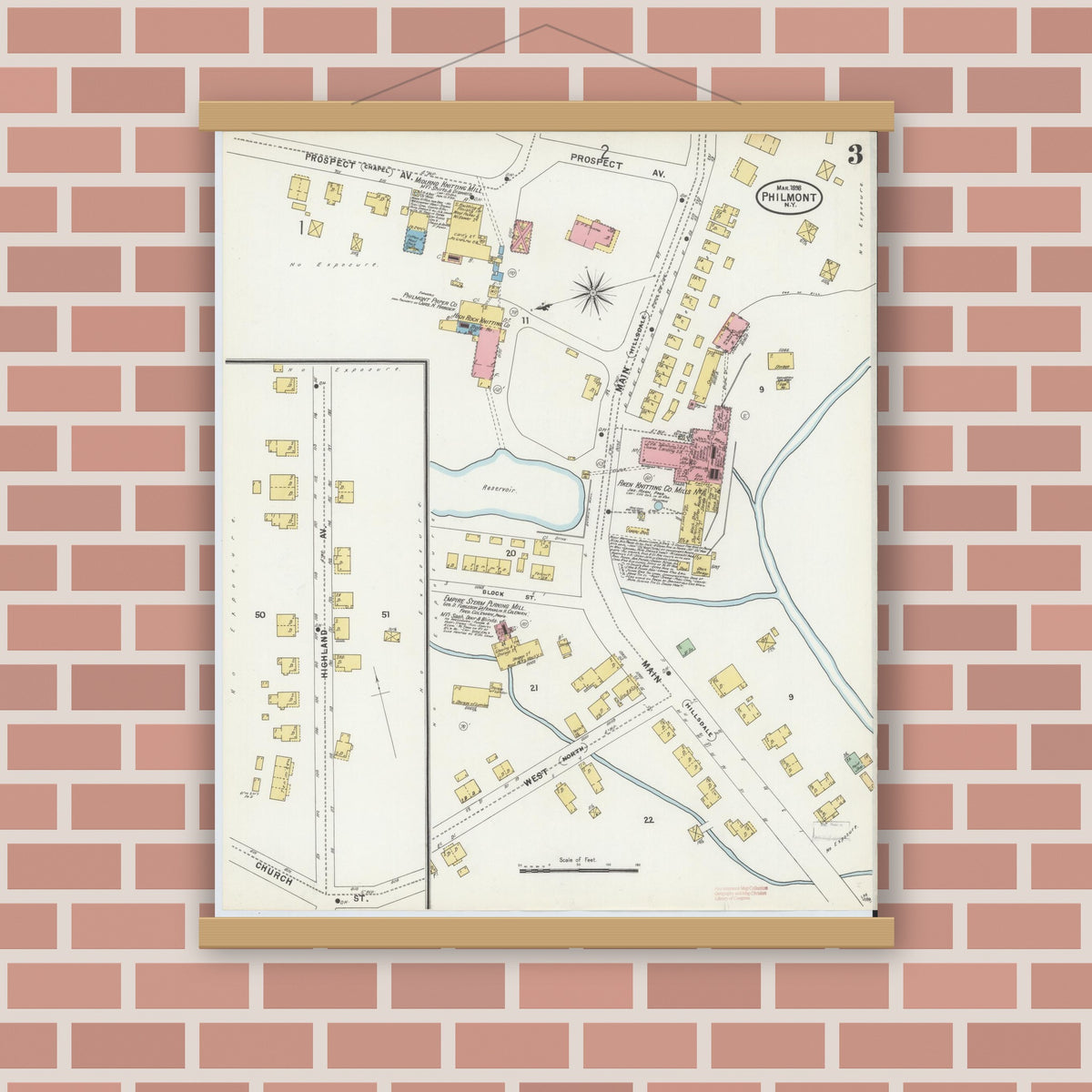 Old map wall art mockup — magnetic wood frame on brick wall — Sanborn Fire Insurance Map from Philmont, Columbia County, New York (1898), Sheet #0003