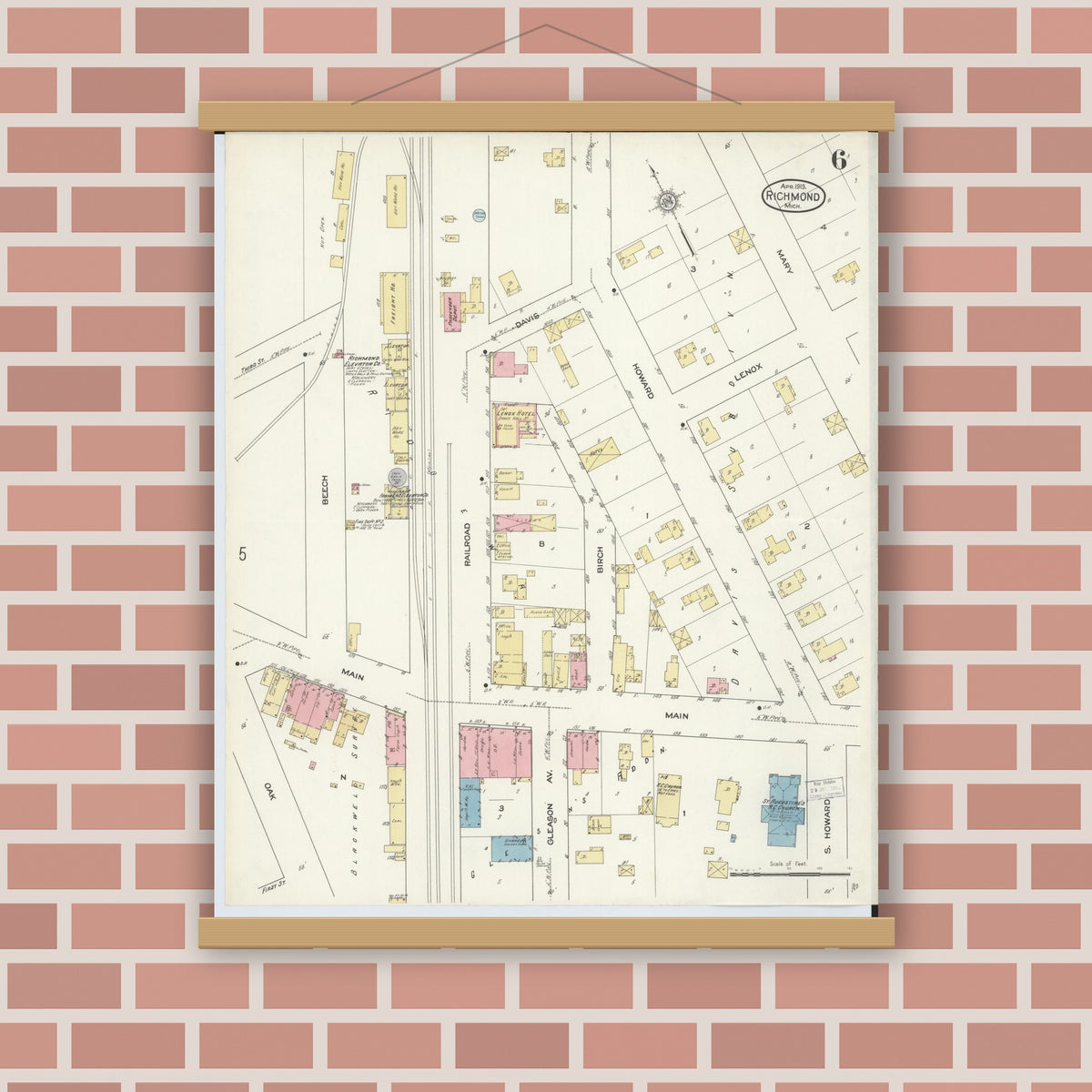 Old map wall art mockup — magnetic wood frame on brick wall — Sanborn Fire Insurance Map from Richmond, Macomb County, Michigan (1913), Sheet #0006