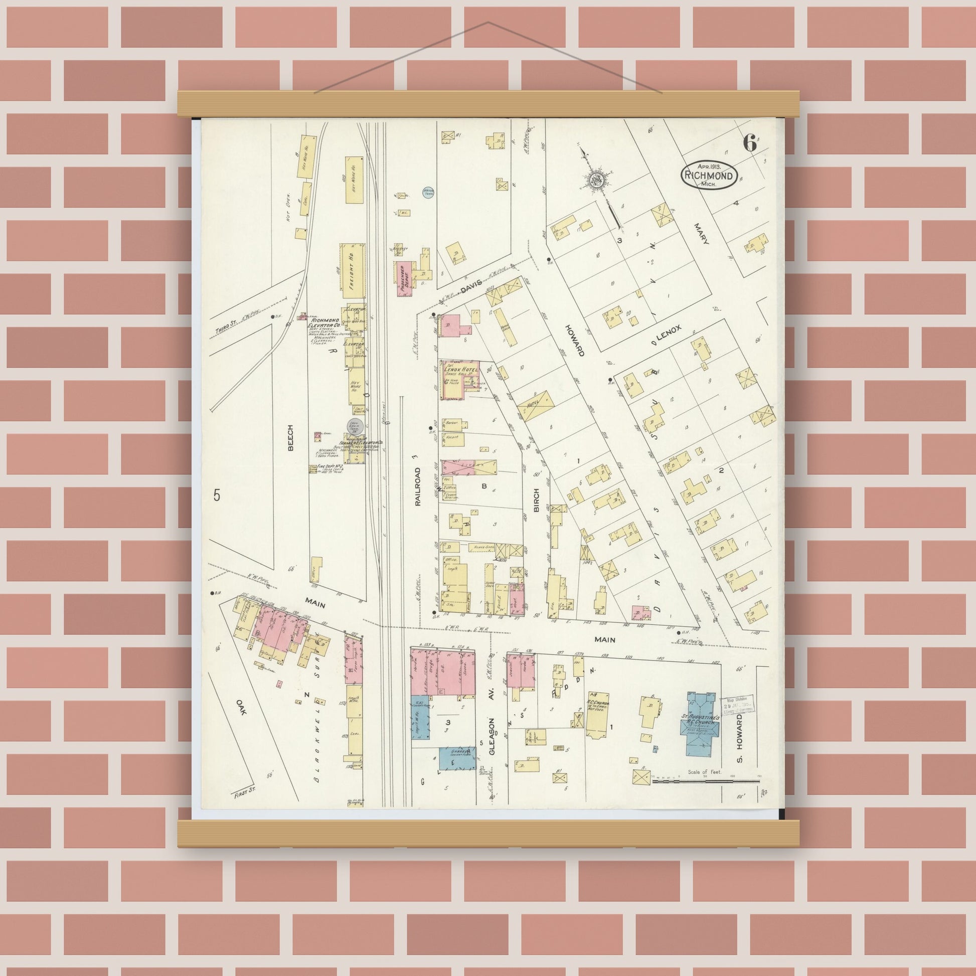 Old map wall art mockup — magnetic wood frame on brick wall — Sanborn Fire Insurance Map from Richmond, Macomb County, Michigan (1913), Sheet #0006