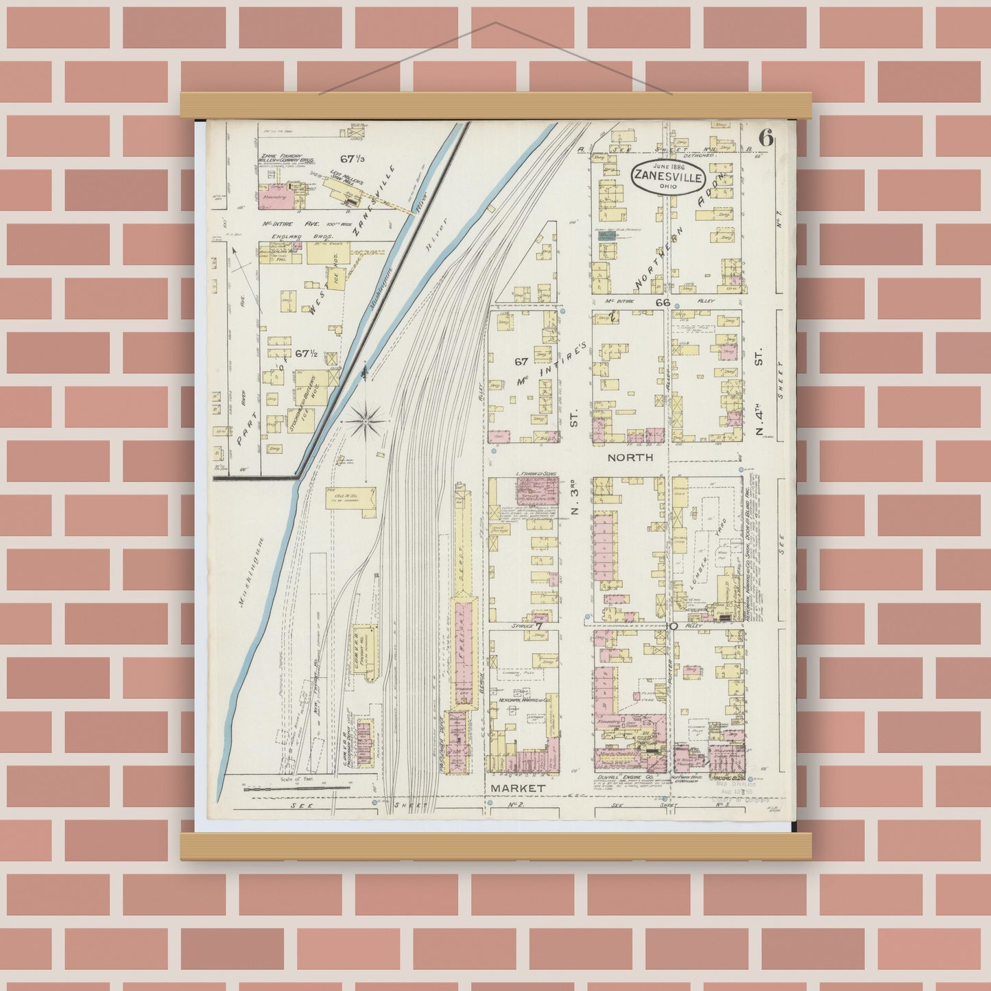 Old map wall art mockup — magnetic wood frame on brick wall — Sanborn Fire Insurance Map from Zanesville, Muskingum County, Ohio (1886), Sheet #0006