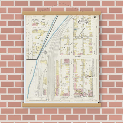 Old map wall art mockup — magnetic wood frame on brick wall — Sanborn Fire Insurance Map from Zanesville, Muskingum County, Ohio (1886), Sheet #0006