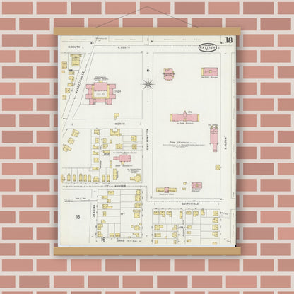 Old map wall art mockup — magnetic wood frame on brick wall — Sanborn Fire Insurance Map from Raleigh, Wake County, North Carolina (1896), Sheet #0018