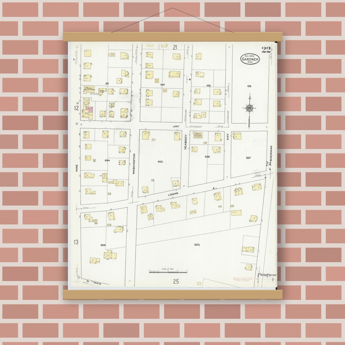 Old map wall art mockup — magnetic wood frame on brick wall — Sanborn Fire Insurance Map from Gardner, Worcester County, Massachusetts (1909), Sheet #0022