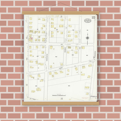 Old map wall art mockup — magnetic wood frame on brick wall — Sanborn Fire Insurance Map from Gardner, Worcester County, Massachusetts (1909), Sheet #0022