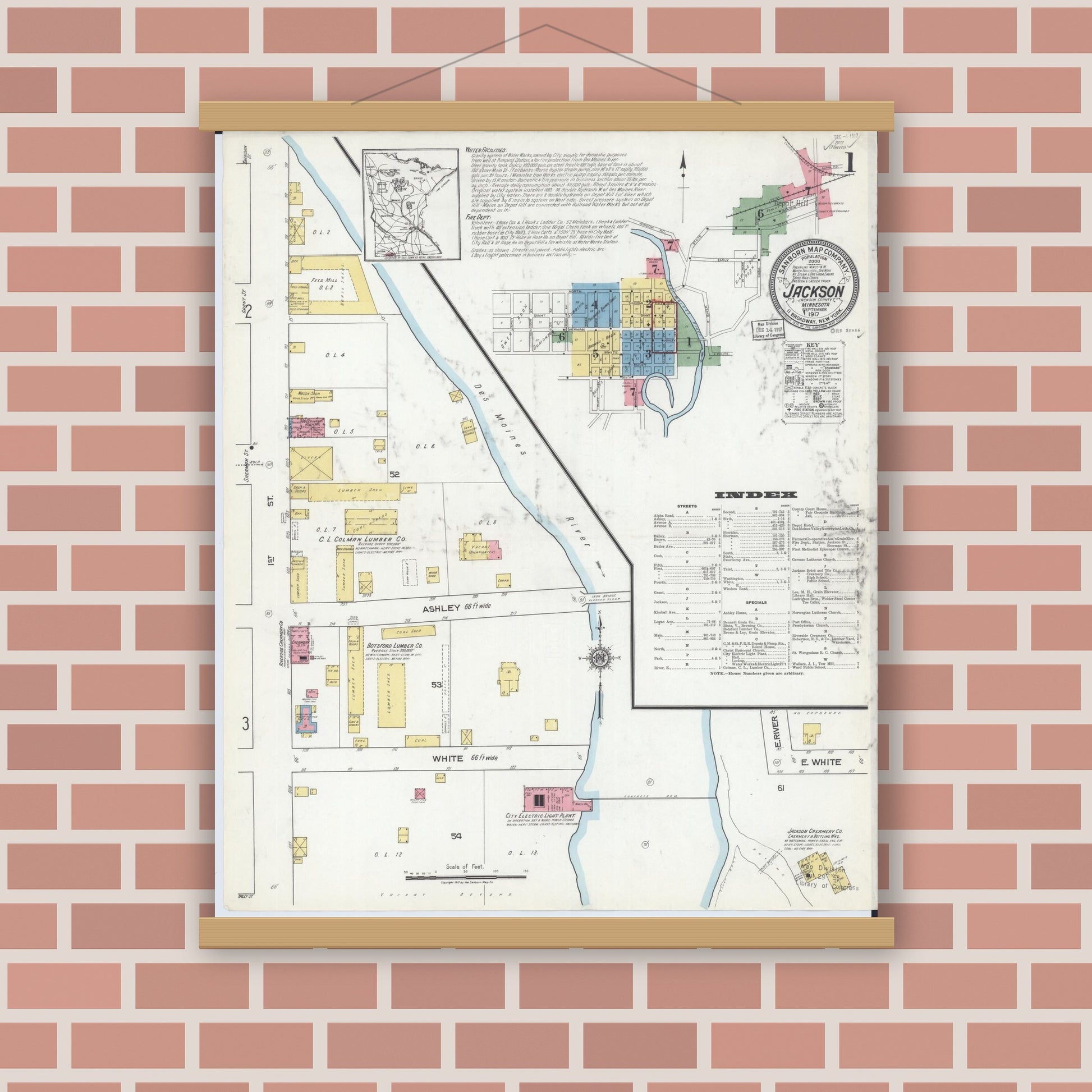 Old map wall art mockup — magnetic wood frame on brick wall — Sanborn Fire Insurance Map from Jackson, Jackson County, Minnesota (1917) - Complete Map Set