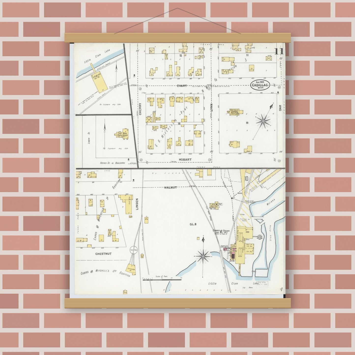 Old map wall art mockup — magnetic wood frame on brick wall — Sanborn Fire Insurance Map from Cadillac, Wexford County, Michigan (1900), Sheet #0011