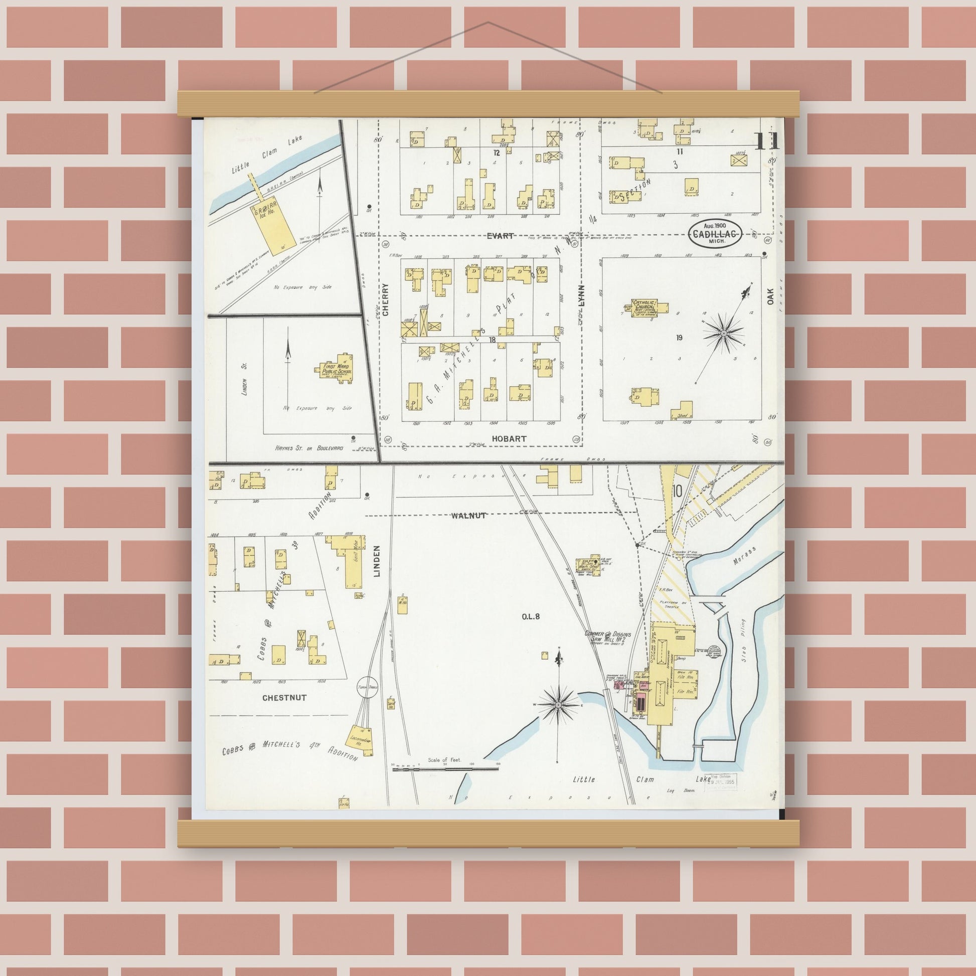 Old map wall art mockup — magnetic wood frame on brick wall — Sanborn Fire Insurance Map from Cadillac, Wexford County, Michigan (1900), Sheet #0011