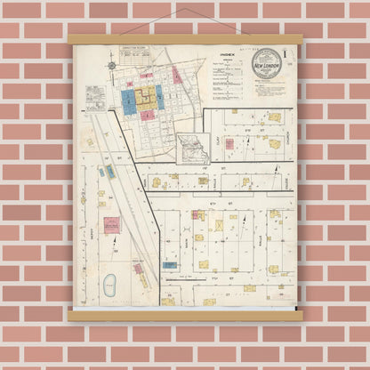 Old map wall art mockup — magnetic wood frame on brick wall — Sanborn Fire Insurance Map from New London, Ralls County, Missouri (1937) - Complete Map Set