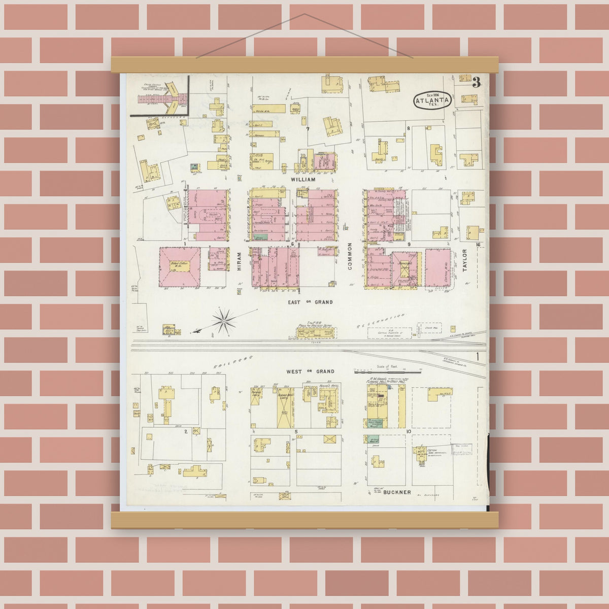 Old map wall art mockup — magnetic wood frame on brick wall — Sanborn Fire Insurance Map from Atlanta, Cass County, Texas (1896), Sheet #0003