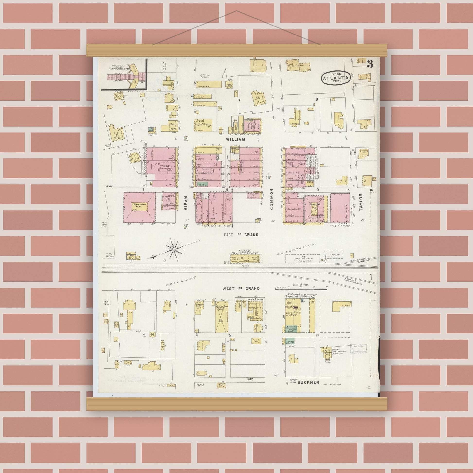 Old map wall art mockup — magnetic wood frame on brick wall — Sanborn Fire Insurance Map from Atlanta, Cass County, Texas (1896), Sheet #0003