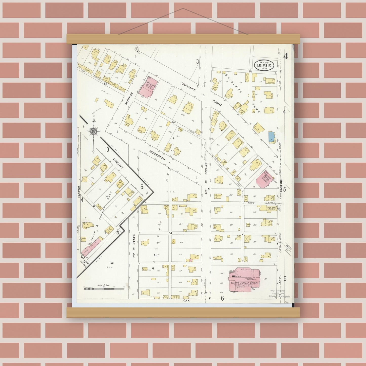 Old map wall art mockup — magnetic wood frame on brick wall — Sanborn Fire Insurance Map from Leipsic, Putnam County, Ohio (1910), Sheet #0004