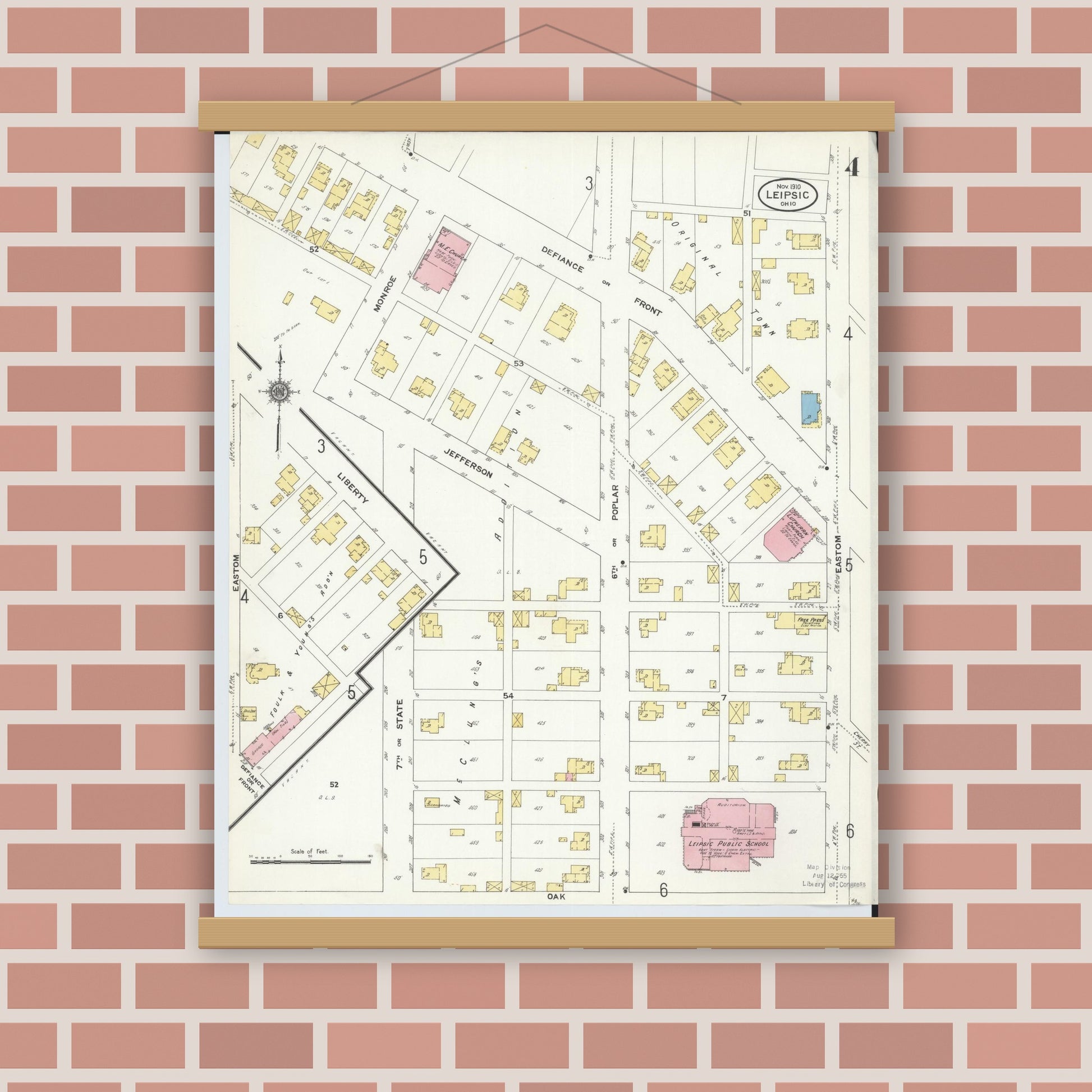 Old map wall art mockup — magnetic wood frame on brick wall — Sanborn Fire Insurance Map from Leipsic, Putnam County, Ohio (1910), Sheet #0004
