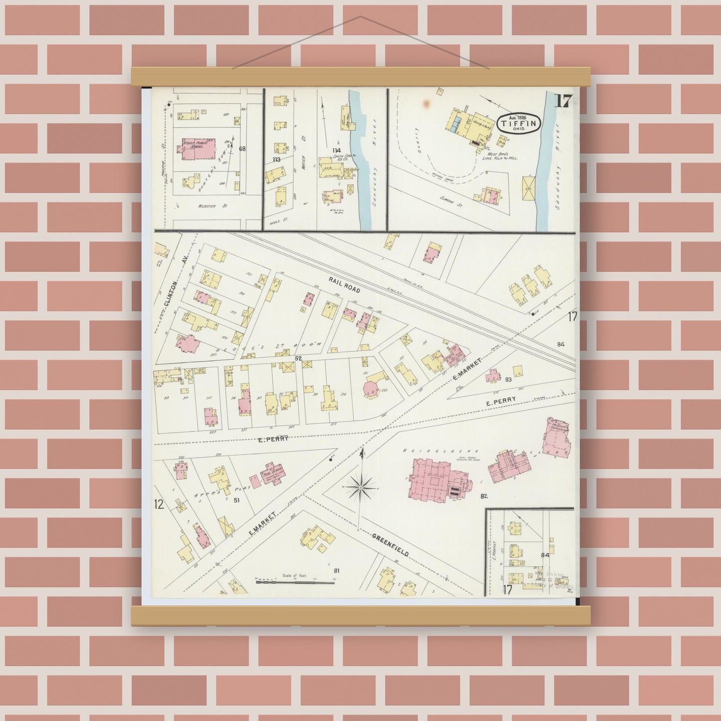 Old map wall art mockup — magnetic wood frame on brick wall — Sanborn Fire Insurance Map from Tiffin, Seneca County, Ohio (1896), Sheet #0017