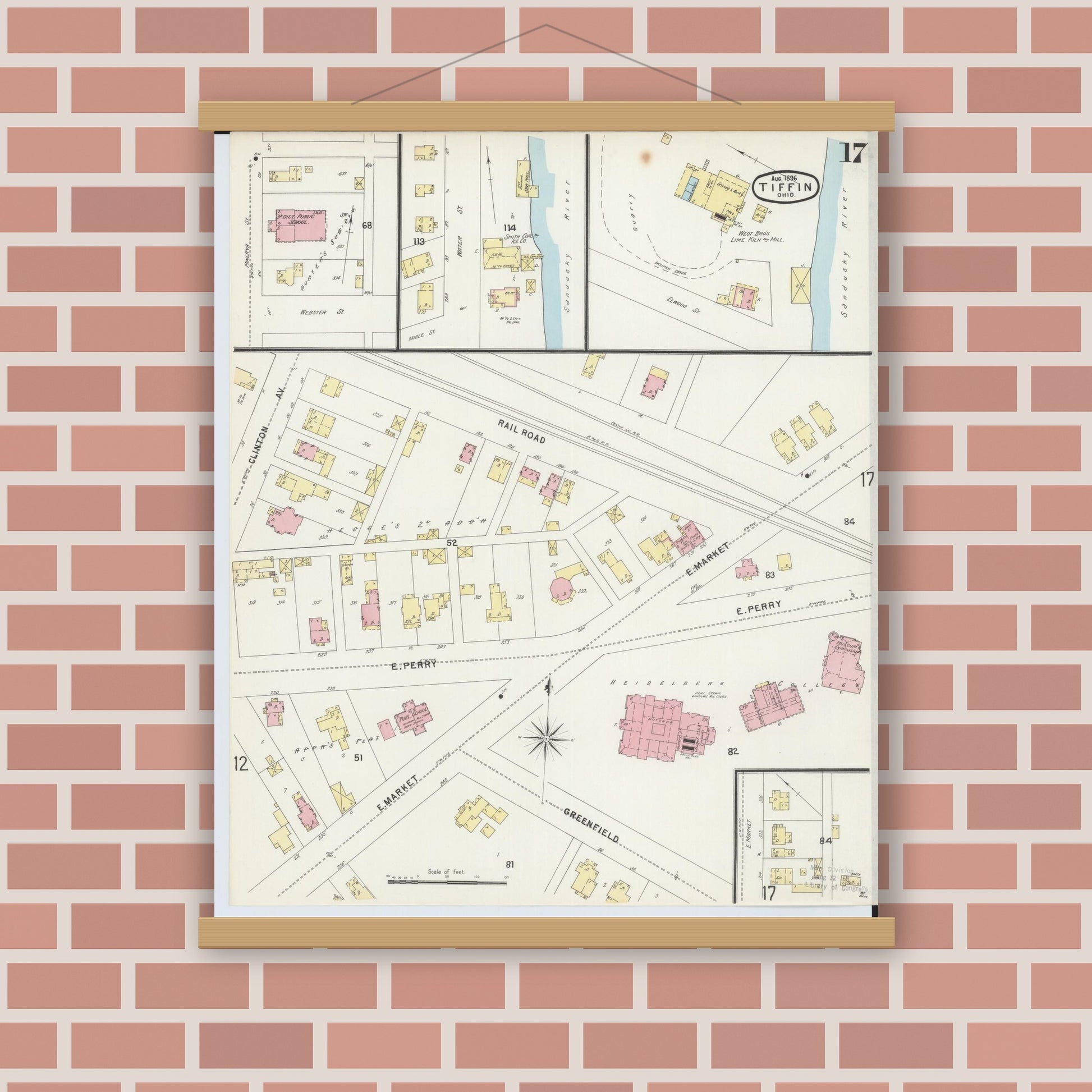Old map wall art mockup — magnetic wood frame on brick wall — Sanborn Fire Insurance Map from Tiffin, Seneca County, Ohio (1896), Sheet #0017