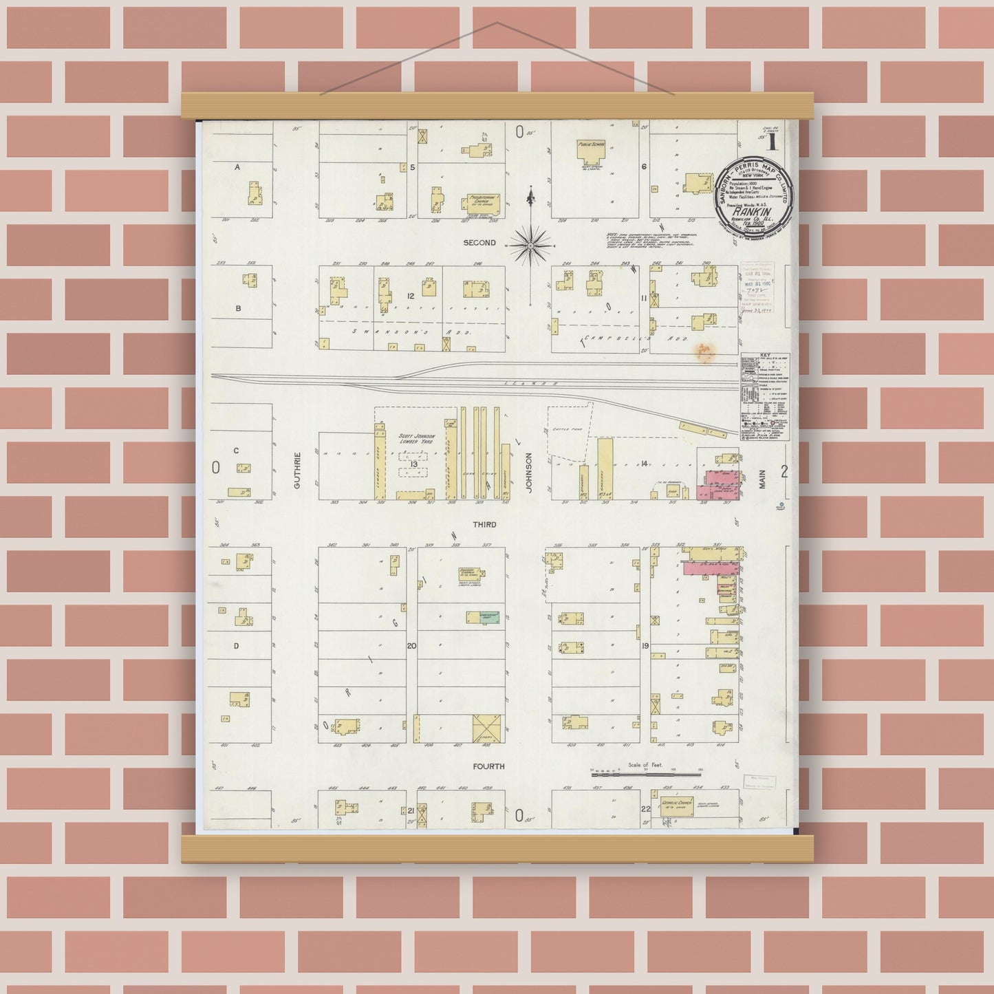 Old map wall art mockup — magnetic wood frame on brick wall — Sanborn Fire Insurance Map from Rankin, Vermilion County, Illinois (1900) - Complete Map Set