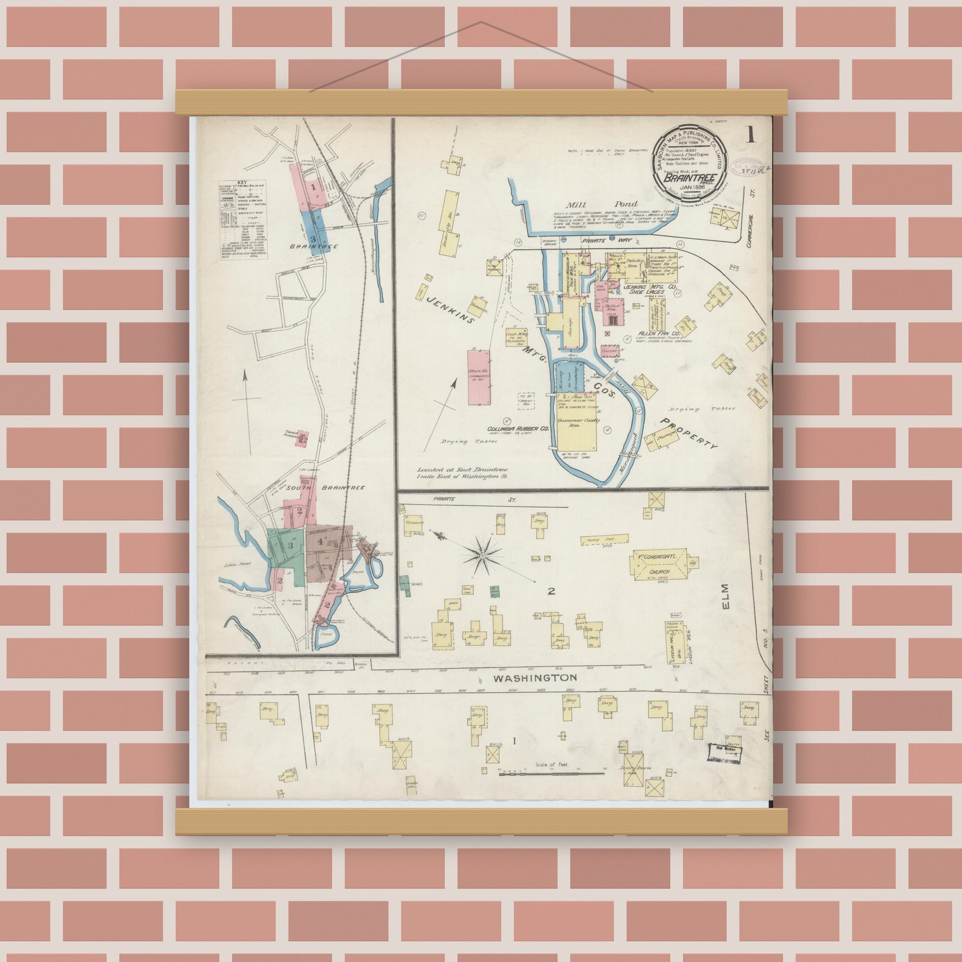 Old map wall art mockup — magnetic wood frame on brick wall — Sanborn Fire Insurance Map from Braintree, Norfolk County, Massachusetts (1886) - Complete Map Set