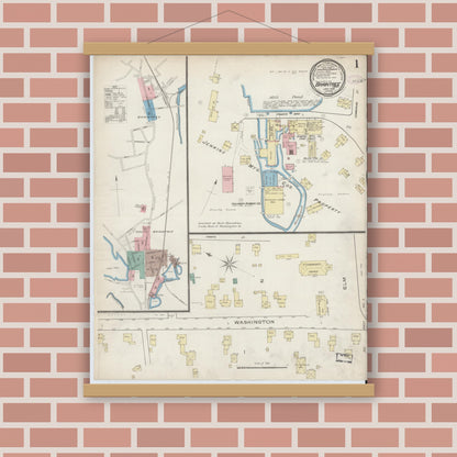 Old map wall art mockup — magnetic wood frame on brick wall — Sanborn Fire Insurance Map from Braintree, Norfolk County, Massachusetts (1886) - Complete Map Set