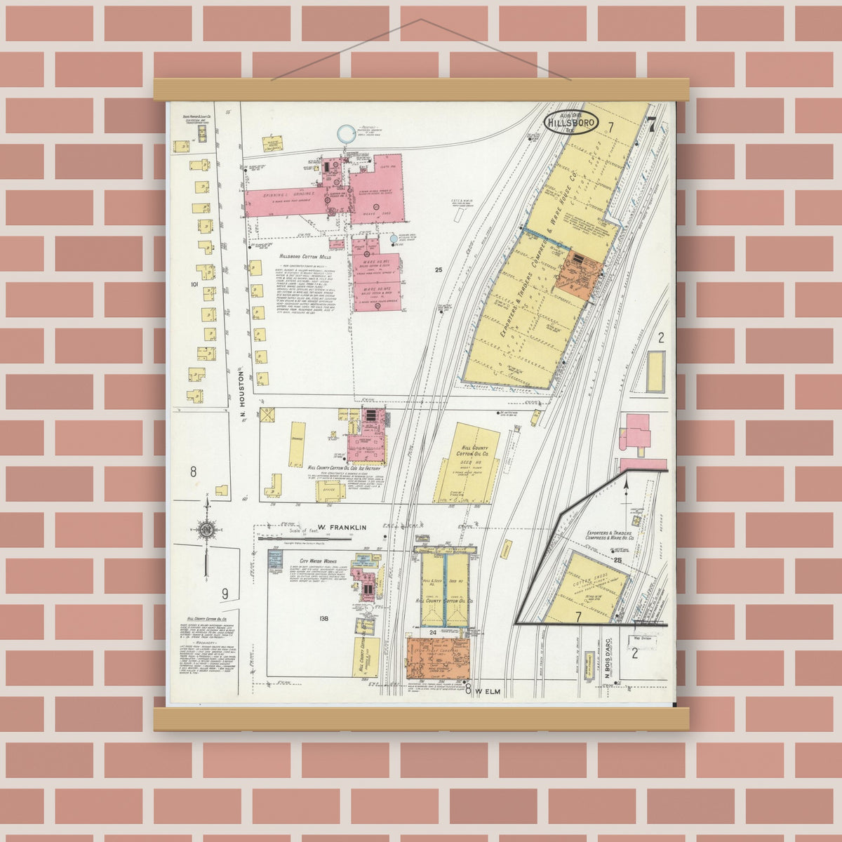 Old map wall art mockup — magnetic wood frame on brick wall — Sanborn Fire Insurance Map from Hillsboro, Hill County, Texas (1918), Sheet #0007