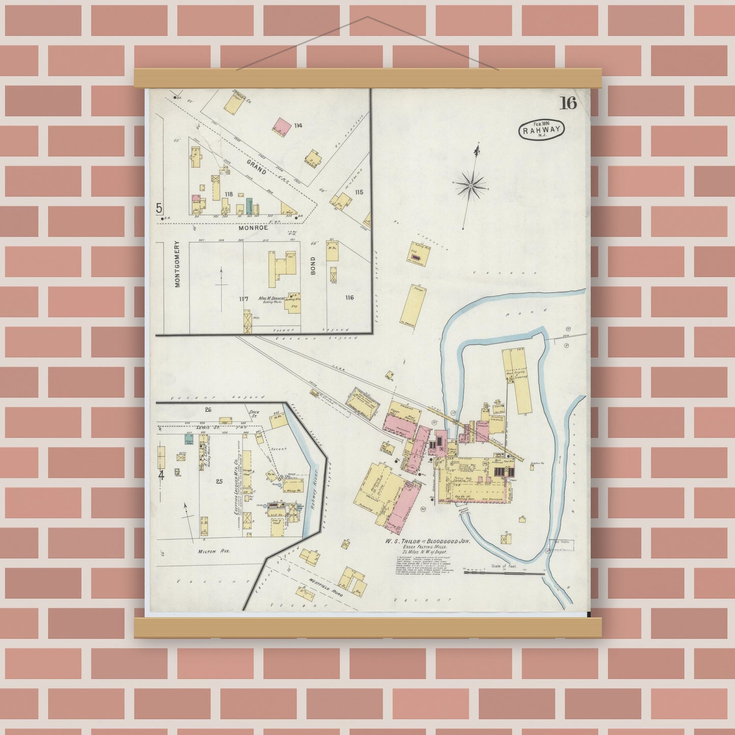 Old map wall art mockup — magnetic wood frame on brick wall — Sanborn Fire Insurance Map from Rahway, Union County, New Jersey (1896), Sheet #0016
