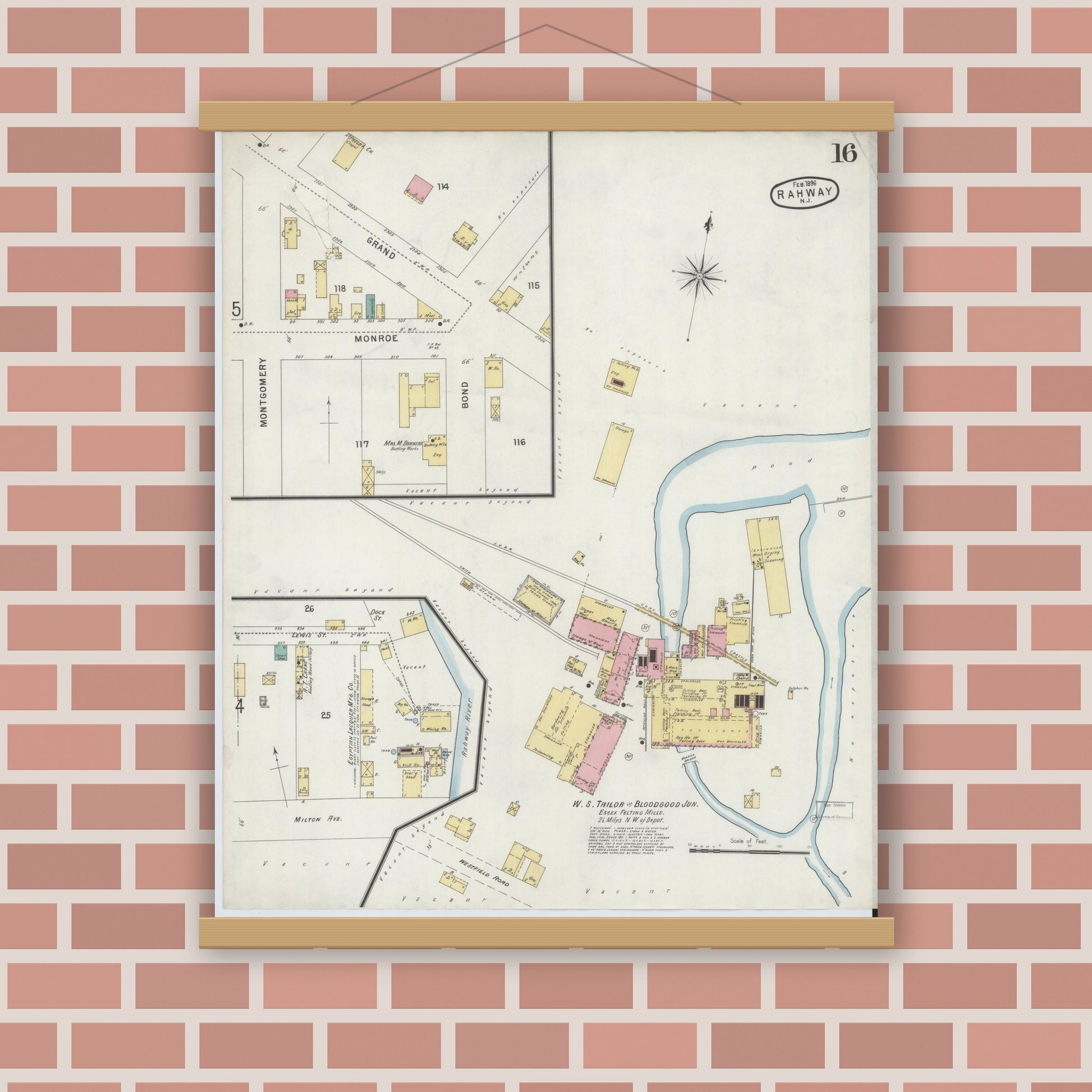 Old map wall art mockup — magnetic wood frame on brick wall — Sanborn Fire Insurance Map from Rahway, Union County, New Jersey (1896), Sheet #0016