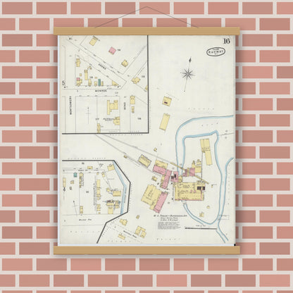Old map wall art mockup — magnetic wood frame on brick wall — Sanborn Fire Insurance Map from Rahway, Union County, New Jersey (1896), Sheet #0016